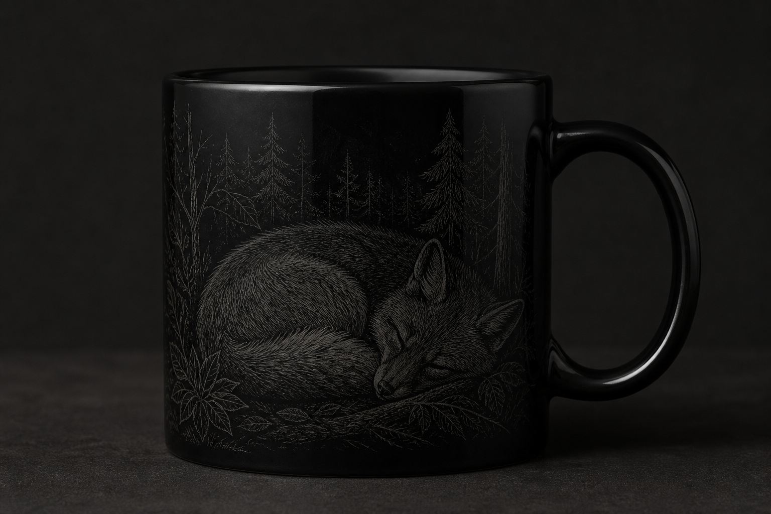 Black ceramic mug with etched sleeping fox among ferns linocut design