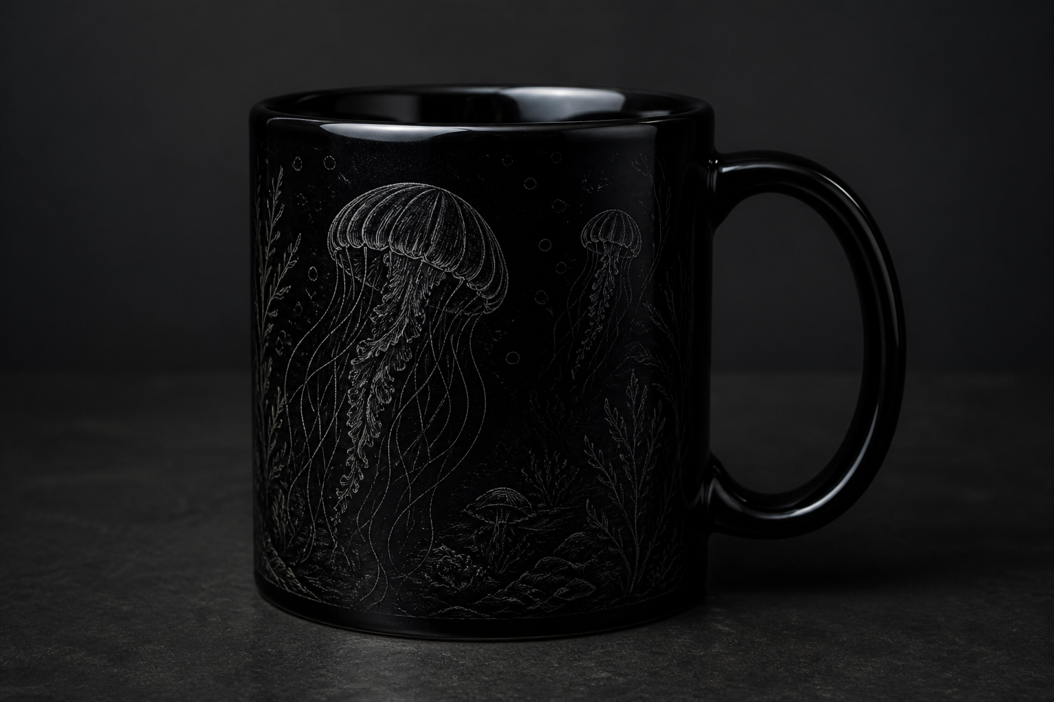Black ceramic mug with etched jellyfish garden linocut design