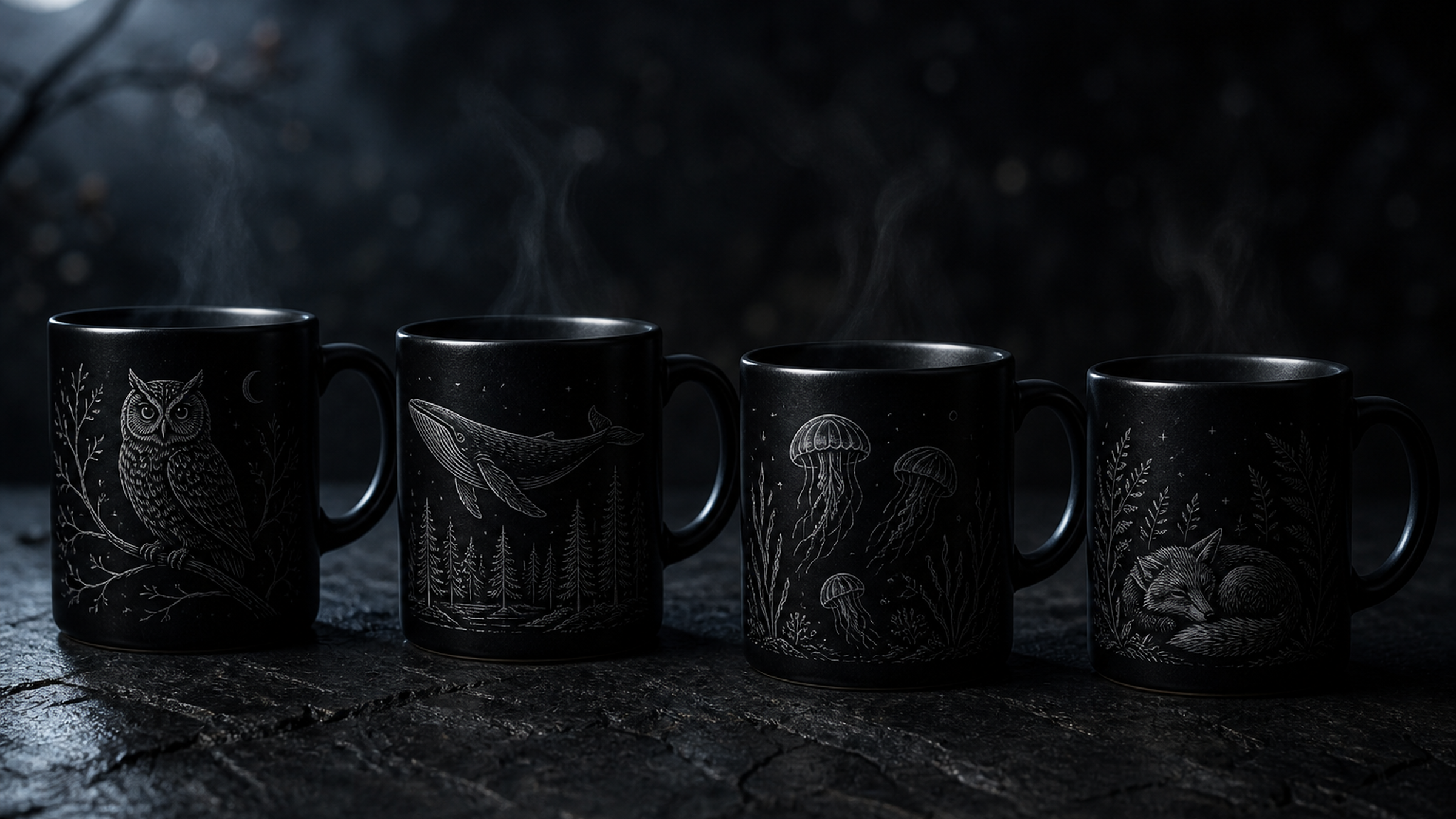 Four black ceramic mugs with etched nature wraps: owl, whale, jellyfish, and fox